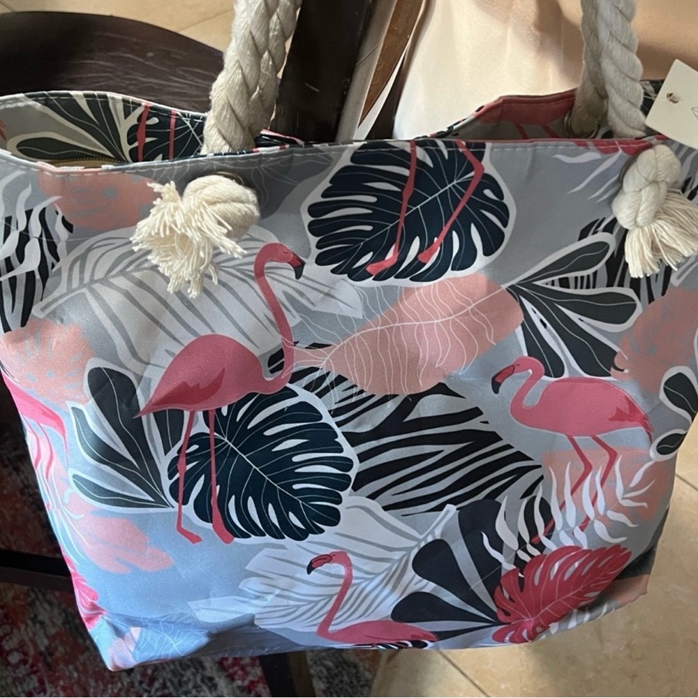 Flamingo Print Pink and Gray Rope-Handle Tote Bag - Picture 3 of 6